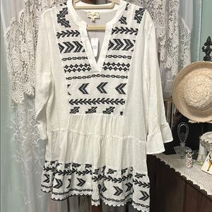 Cloth & Portrait Embroidered Gauze Mini Dress Tunic & Tank Sz XL Black White
